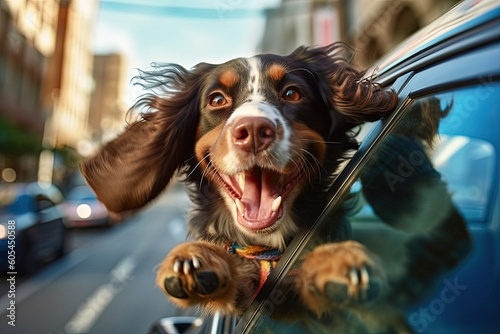 Portrait of funny dog in the car window during car travel made with Generative AI. Traveling with pets