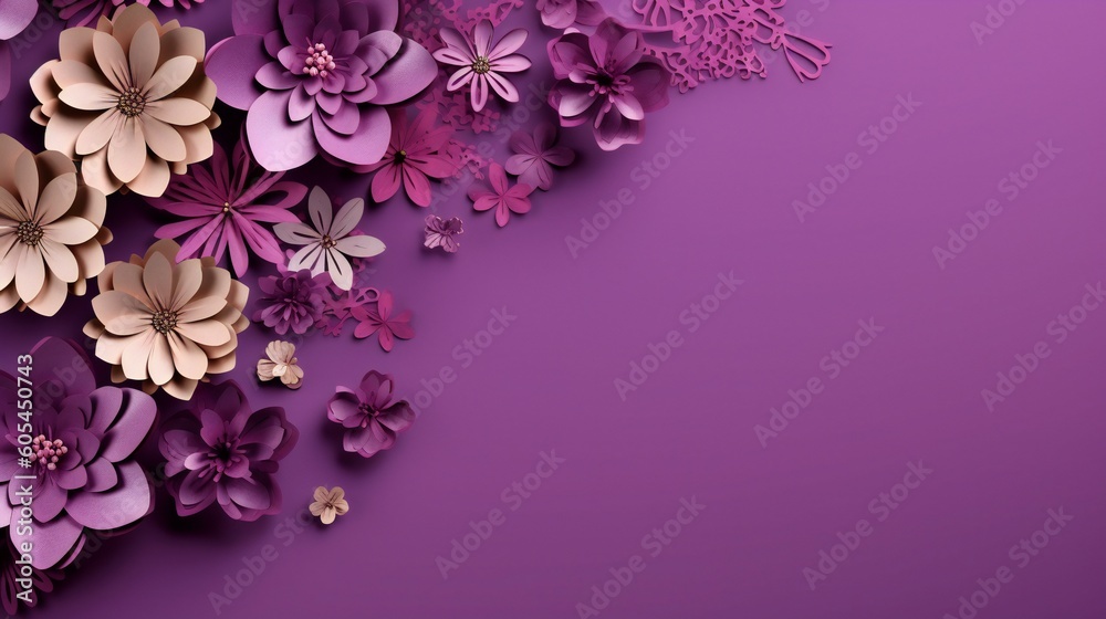 Aesthetic 3D Paper Cut Flower Frame Flourishing on a Delightful Purple Background, space for copy