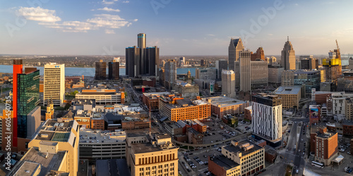 Aerial view of Detroit downtown, Detroit is a second largest city in American Heartland is home to 4.3 million people. photo