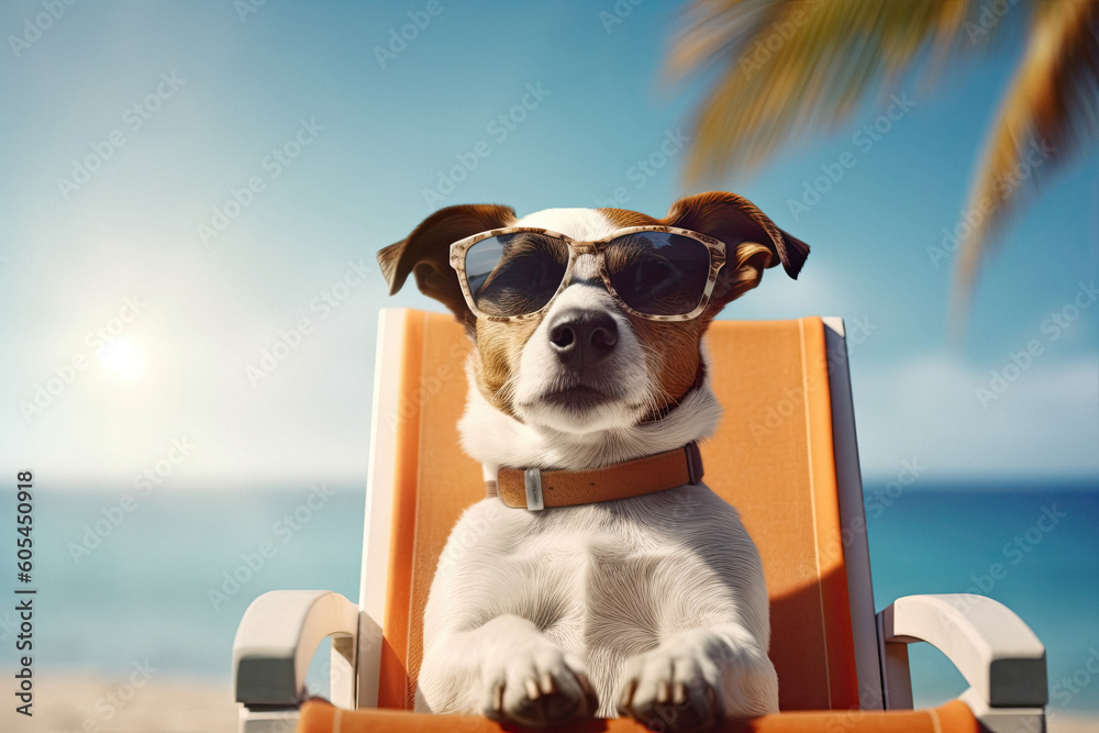Portrait of cool funny dog jack russell in glasses relaxing on sun lounger during beach vacations created with Generative AI. Traveling with pets