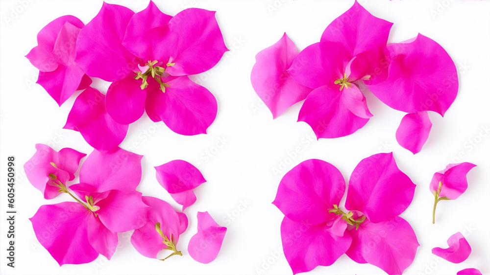 set of five pink Mediterranean Bougainvillea flowers isolated over a transparent background, vibrant floral design element, top view, generative ai