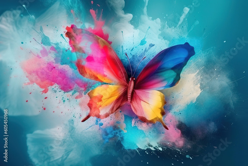 Abstract exploring powder color painting. Concept of butterfly in fantasy creative shading multicolor mist design  generative ai 