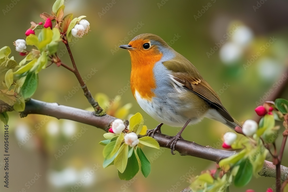 Cute small robin on a flowery berry branch at spring, generative ai Cute small robin on a flowery berry branch at spring, generative ai