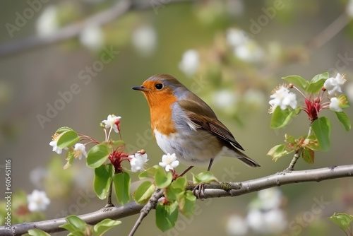 Cute small robin on a flowery berry branch at spring, generative ai  © vvalentine