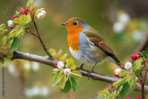 Fotótapéta Cute small robin on a flowery berry branch at spring, generative ai