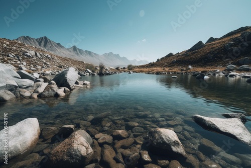 View of pristine lake surrounded by stones and clear sky landscape. Generative AI