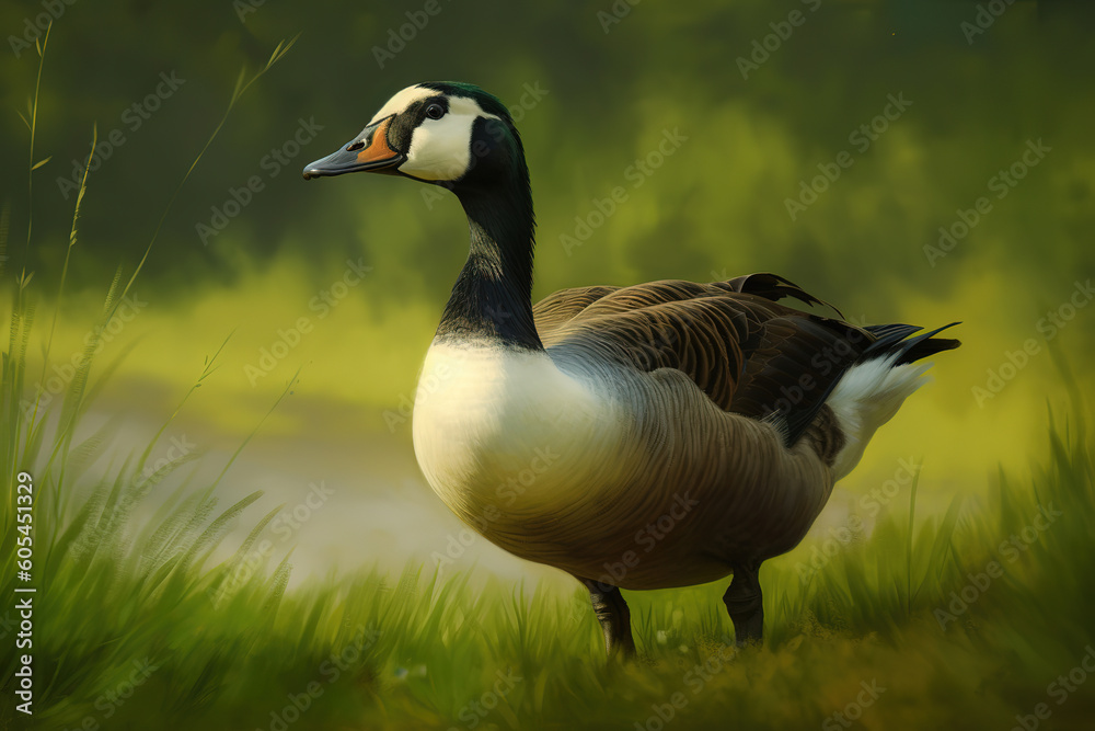 Obraz premium duck standing on top of a lush green field, generative ai 