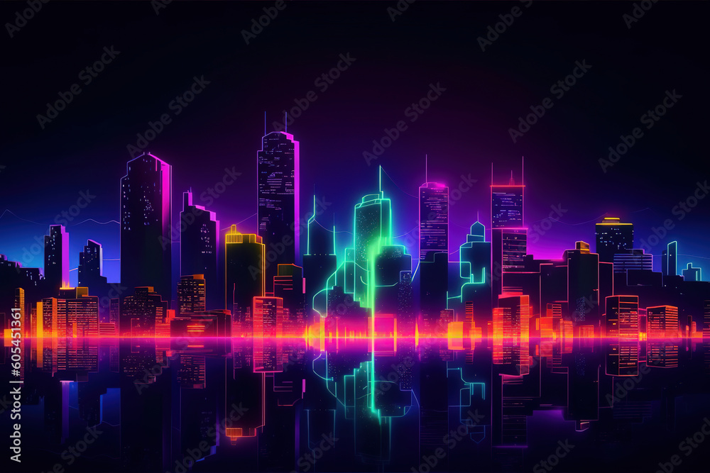 Futuristic night city. Cityscape on a dark background with bright and glowing neon lights. panorama with modern buildings and skyscrapers. Cyberpunk and retro wave style, generative ai 