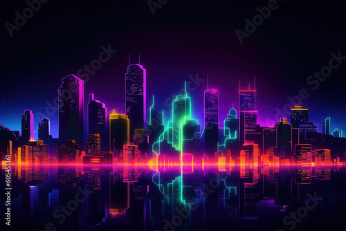 Futuristic night city. Cityscape on a dark background with bright and glowing neon lights. panorama with modern buildings and skyscrapers. Cyberpunk and retro wave style  generative ai 