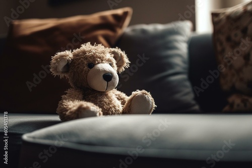 Stuffed animal resting on sofa. Generative AI