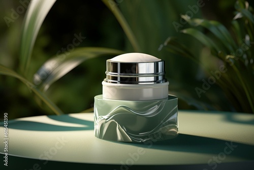 Stylish 3D pedestal for luxury skincare products against leafy green background with gentle sunlight shadows. Generative AI