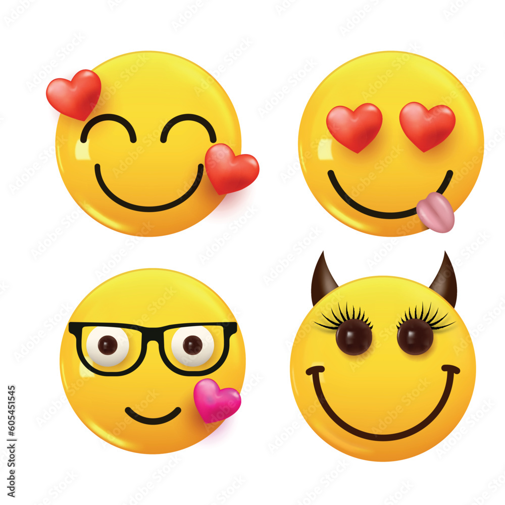 Set of 3d icon yellow color smile emoji. Set Icon Smile Emoji. Vector Set of 3d icon yellow color smile emoji. Set Icon Smile Emoji. Vector