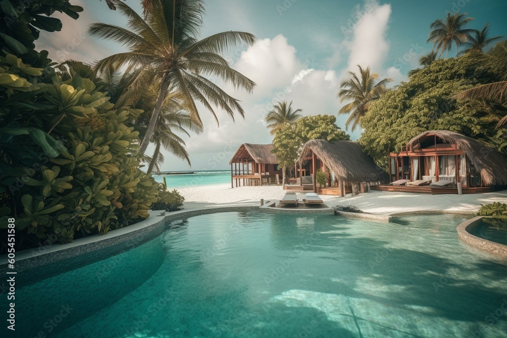 A Maldives island paradise with pool, huts, and sun loungers in the Indian Ocean. Generative AI