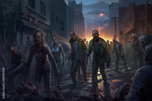 group of zombies walking down a street, apocalypse, generative ai 