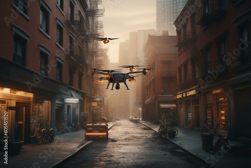 Cinematic street scene featuring a delivery drone. Generative AI