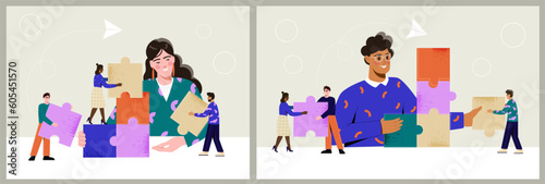 People connect puzzle. Team of men and women working together. Teamwork, idea, partnership, leadership concept. Characters building jigsaw creative elements. Cartoon flat vector collection isolated