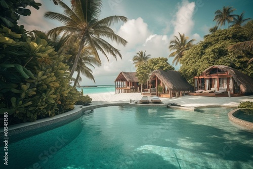 A Maldives island paradise with pool  huts  and sun loungers in the Indian Ocean. Generative AI