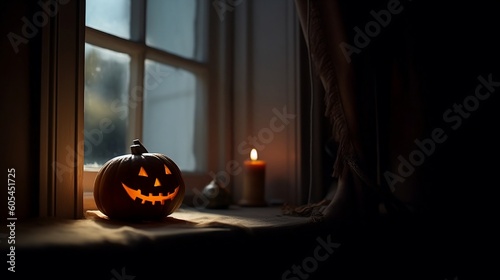 A close-up of a carved pumpkin on a windowsill, illuminated by a flickering candle. Generative ai