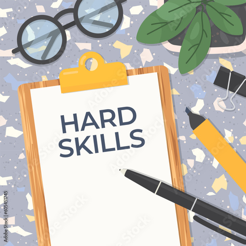 hard skills written on clipboard, flat lay composition on terrazzo table- vector illustration photo