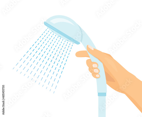 hand holding shower head with stream of water- vector illustration