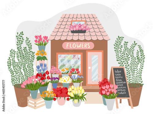 Floral market facade interior illustration. Flat style flower shop decorated with plants and flowers vector illustration.