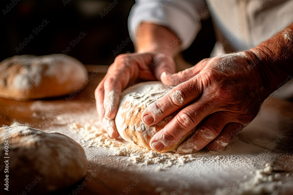 Сlose up of hands making homemade bread. Generative AI