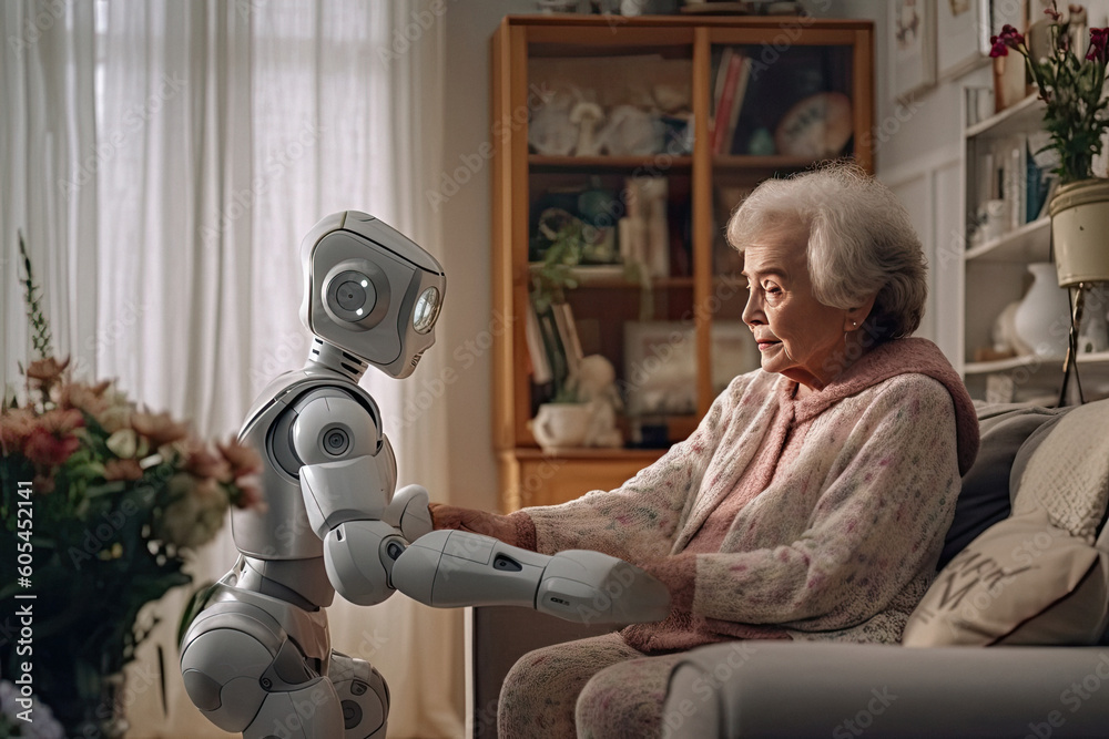 Robot caregiver takes care and looks after an elderly retired old woman ...
