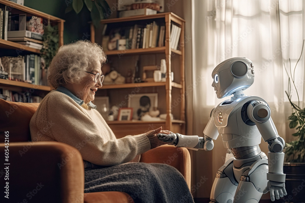 Robot caregiver takes care and looks after an elderly retired old woman ...