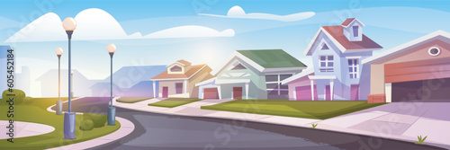 Suburban houses landscape. Horizontal banner with wooden houses, cottages, road, grass and lanterns. Summer weather in village district. Township with blue sky. Cartoon flat vector illustration