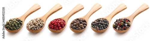Set of different types peppercorns in a wooden spoon isolated on white background. Collection of close-up wooden spoons with allspice, black, green, white, red, mix pepper