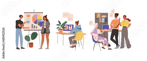Group of people in office. Employees discuss business strategy, projects and presentations. Colleagues communicate in workplace. Teamwork and partnership. Cartoon flat vector collection isolated