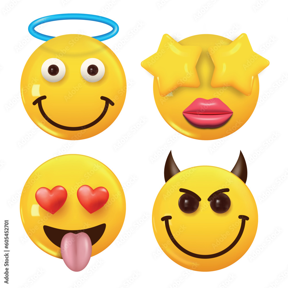 Set of 3d icon yellow color smile emoji. Set Icon Smile Emoji. Vector Set of 3d icon yellow color smile emoji. Set Icon Smile Emoji. Vector