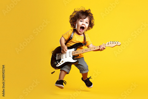 Canvas-taulu Jumping child playing guitar and singing on a yellow background created with Gen