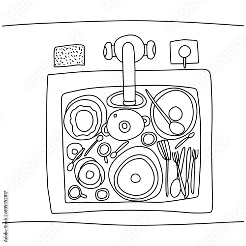 Coloring page with kitchen sink and dirty dishes top view. Vector hand drawn sink with dirty dish coloring page for children and adults