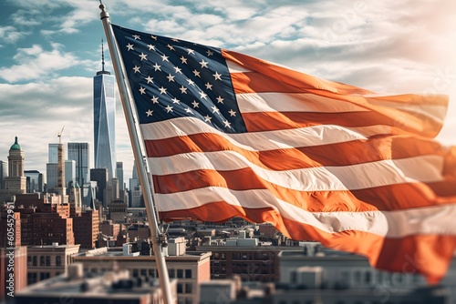 A US American flag flying from a flag pole with New York in the background. Daytime with natural light and sun shining from the right. Generative AI.