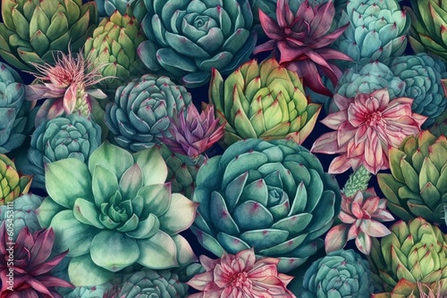 Seamless pattern of watercolor cacti and succulents. Generative AI