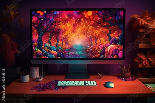 Illustration of a colorful desktop screensaver that obscures the view. Generative AI