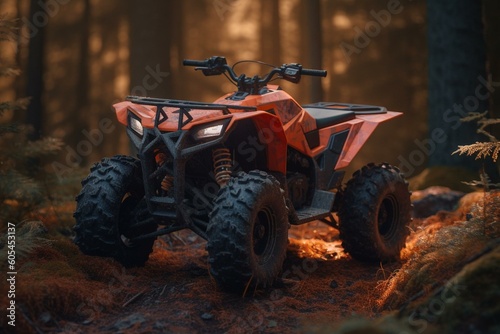 A powerful four-wheel all-terrain bike in red-orange color with an ATV in the forest. Generative AI