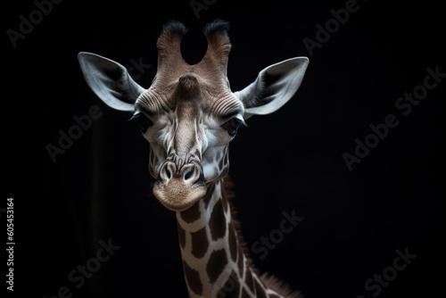Adorable giraffe up close against dark background. Generative AI © Kevin