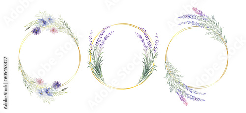 Set of gold circle frame with watercolor wildflowers isolated on white, vector