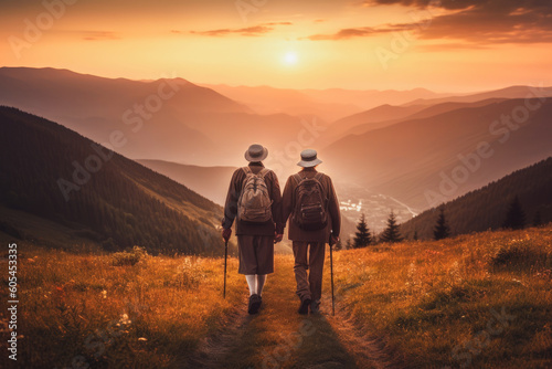 elderly loving couple people traveling in the mountains at sunset. mountains and sky background. View of the back, Generative AI