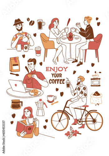 People with coffee set. Characters drink, brew and enjoying beverages in cafes, while cycling and working. Elements of beans, mugs and cezve in doodle style. Cartoon flat vector collection isolated