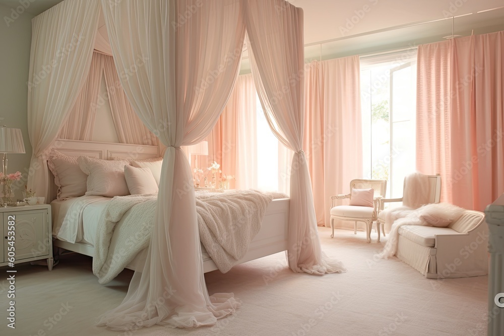 Fototapeta premium Cozy dreamy bedroom with soft, pastel colors, flowing curtains, and a canopy bed, creating a serene and romantic atmosphere - Generative AI