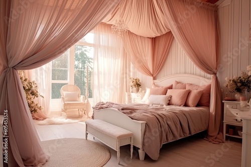Cozy dreamy bedroom with soft  pastel colors  flowing curtains  and a canopy bed  creating a serene and romantic atmosphere - Generative AI