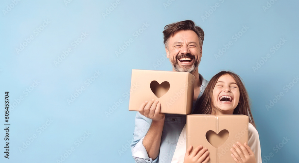 Fathers Day banner background template with dad and daughter laughing and having fun with gift boxes in front of a blue background and copy space, AI generated Fathers Day banner background template with dad and daughter laughing and having fun with gift boxes in front of a blue background and copy space, AI generated