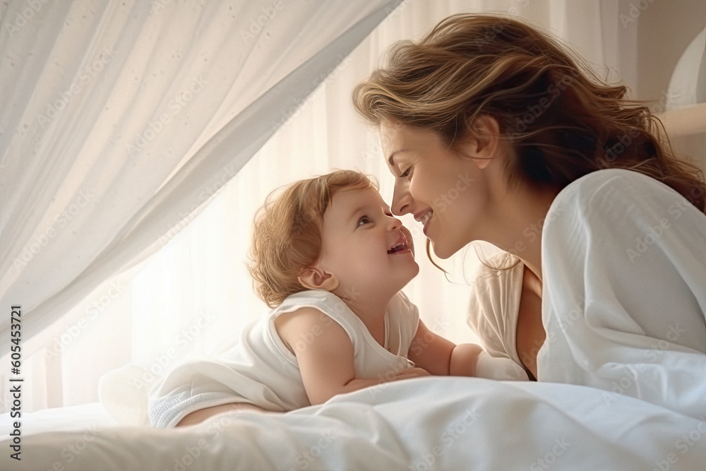 Portrait of a smiling loving mother with a cute happy baby at home created with Generative AI Portrait of a smiling loving mother with a cute happy baby at home created with Generative AI
