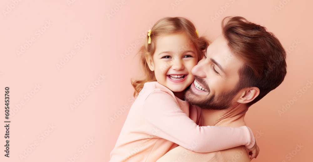 Happy Fathers Day flyer background template with a father and daughter hugging and smiling in front of a pink background with copy space, AI generated Happy Fathers Day flyer background template with a father and daughter hugging and smiling in front of a pink background with copy space, AI generated
