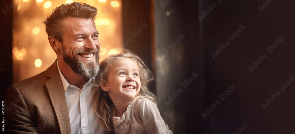 Dad and daughter laughing together in a nice scene for Father's Day banner background with copy space Dad and daughter laughing together in a nice scene for Father's Day banner background with copy space
