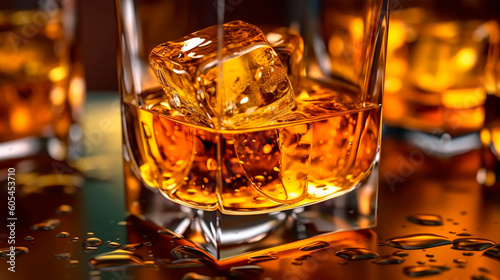 Whiskey Delight: Macro Shot of a Glass Filled with Ice Cubes and Golden Whiskey. Generative AI.
