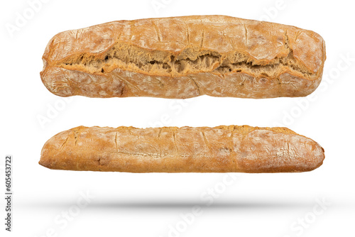Loaf of Italian fresh ciabatta bread on a white isolated background. Loaf of bread isolate to insert into a design or project. Top view, side view.